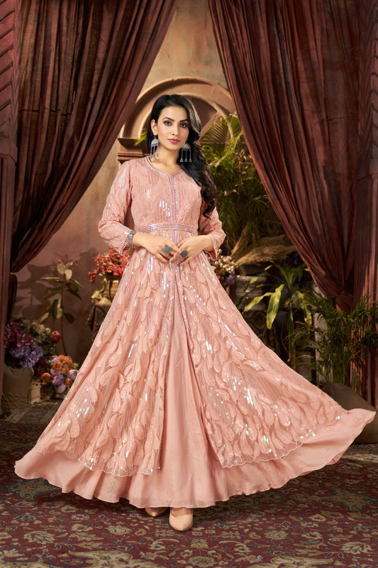 Zehra – Blush Peach Gown Set in Viscose Chinnon & Embroidered Net
