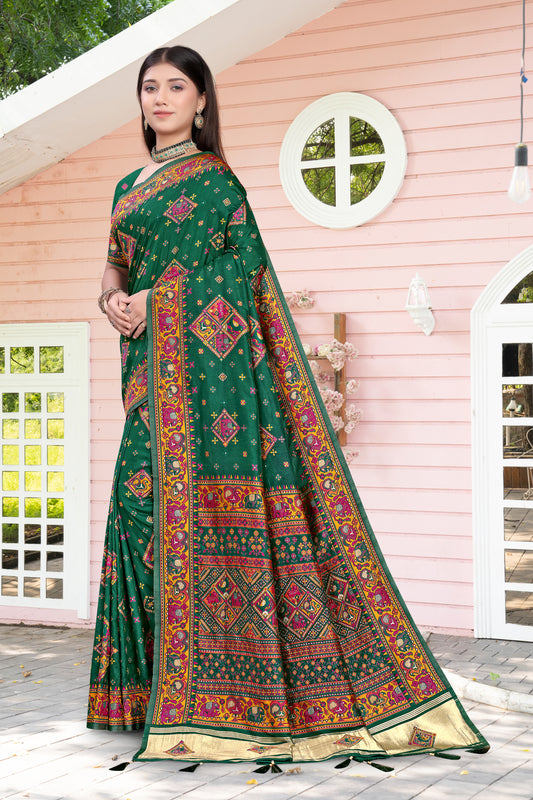 Dark Green Heritage Weave – Silk Saree with Multicolor Folklore Prints