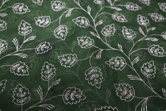 Gold zari with beads beautiful leafy embroidery work on green viscose organza