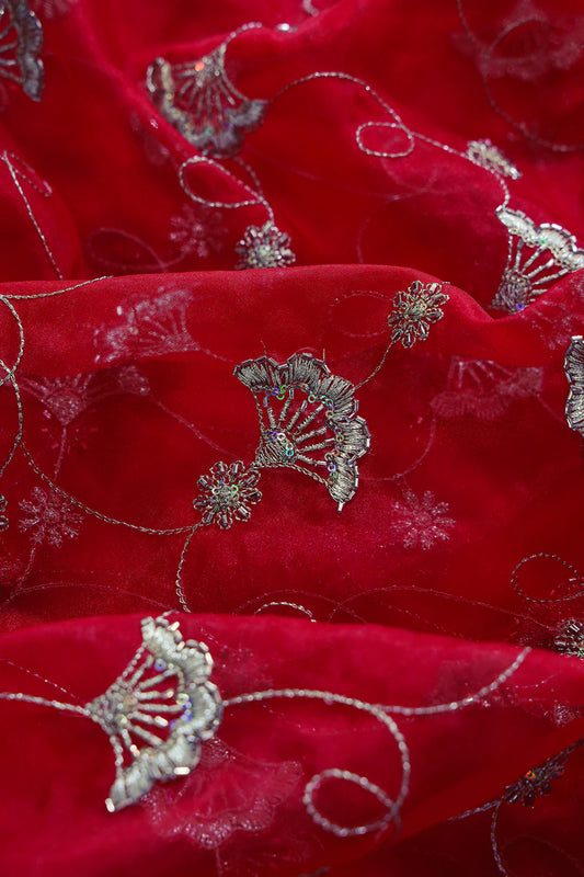 Gold Zari With Beads Beautiful Floral Embroidery On Red Viscose Organza Fabric