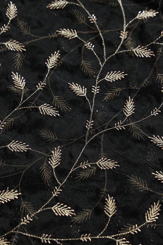 Gold Zari With Beads Leafy Embroidery Work On Black Viscose Organza Fabric
