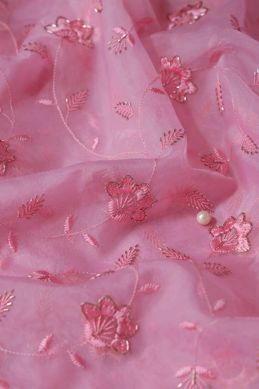 Pink Thread With Beads Floral Embroidery On Pink Viscose Organza Fabric