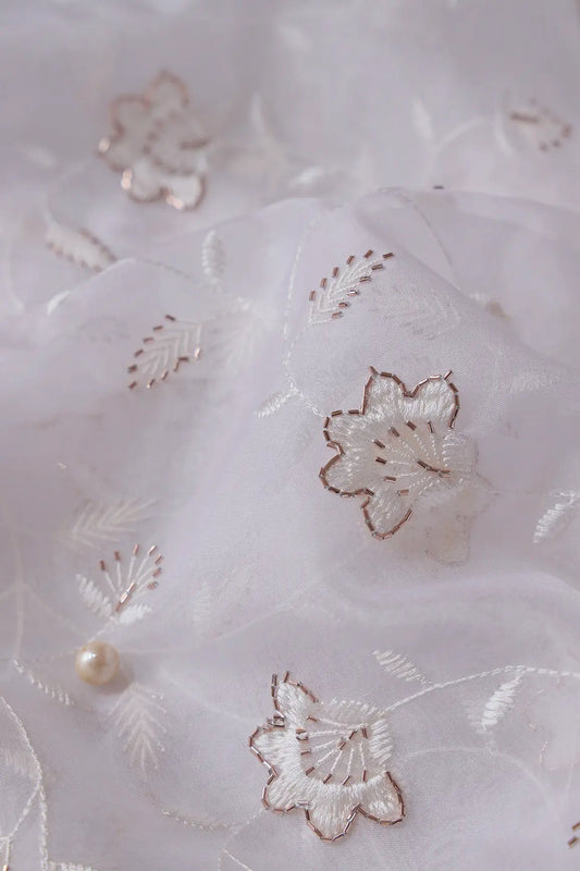 White Thread With Beads Floral Embroidery On Dyeable White Viscose Organza Fabric