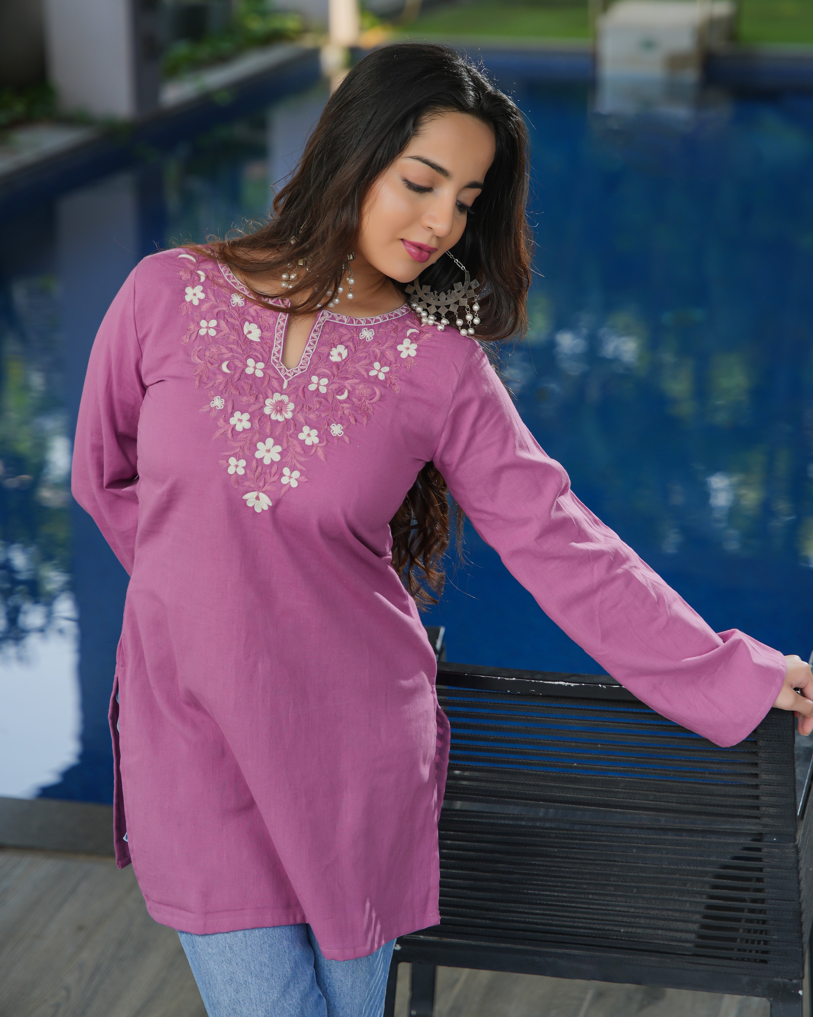 NAINA- Floral Embroidered Neck Kurti