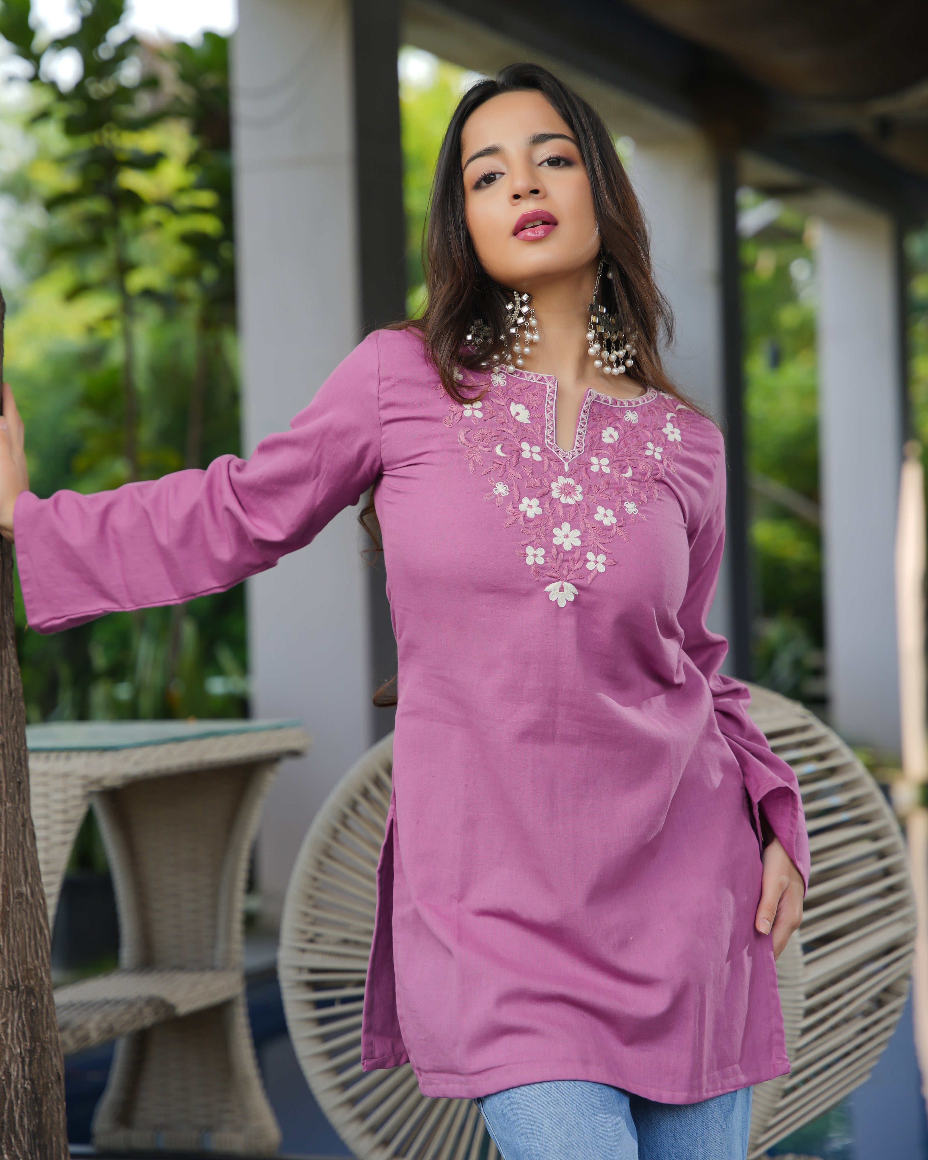 NAINA- Floral Embroidered Neck Kurti