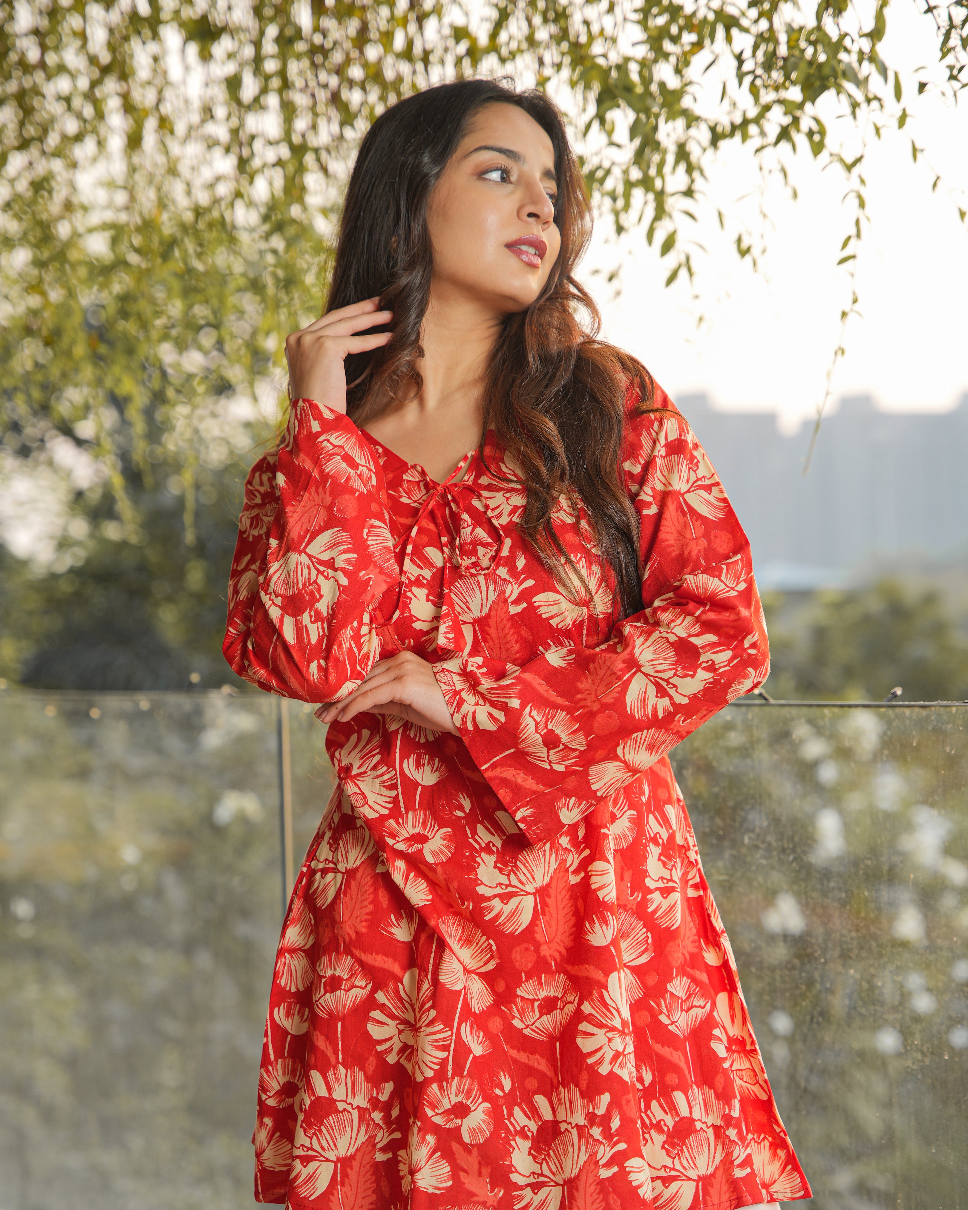 ANANYA - Red Floral Printed A-Line Kurti