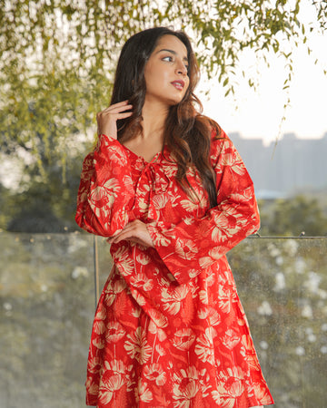 ANANYA - Red Floral Printed A-Line Kurti