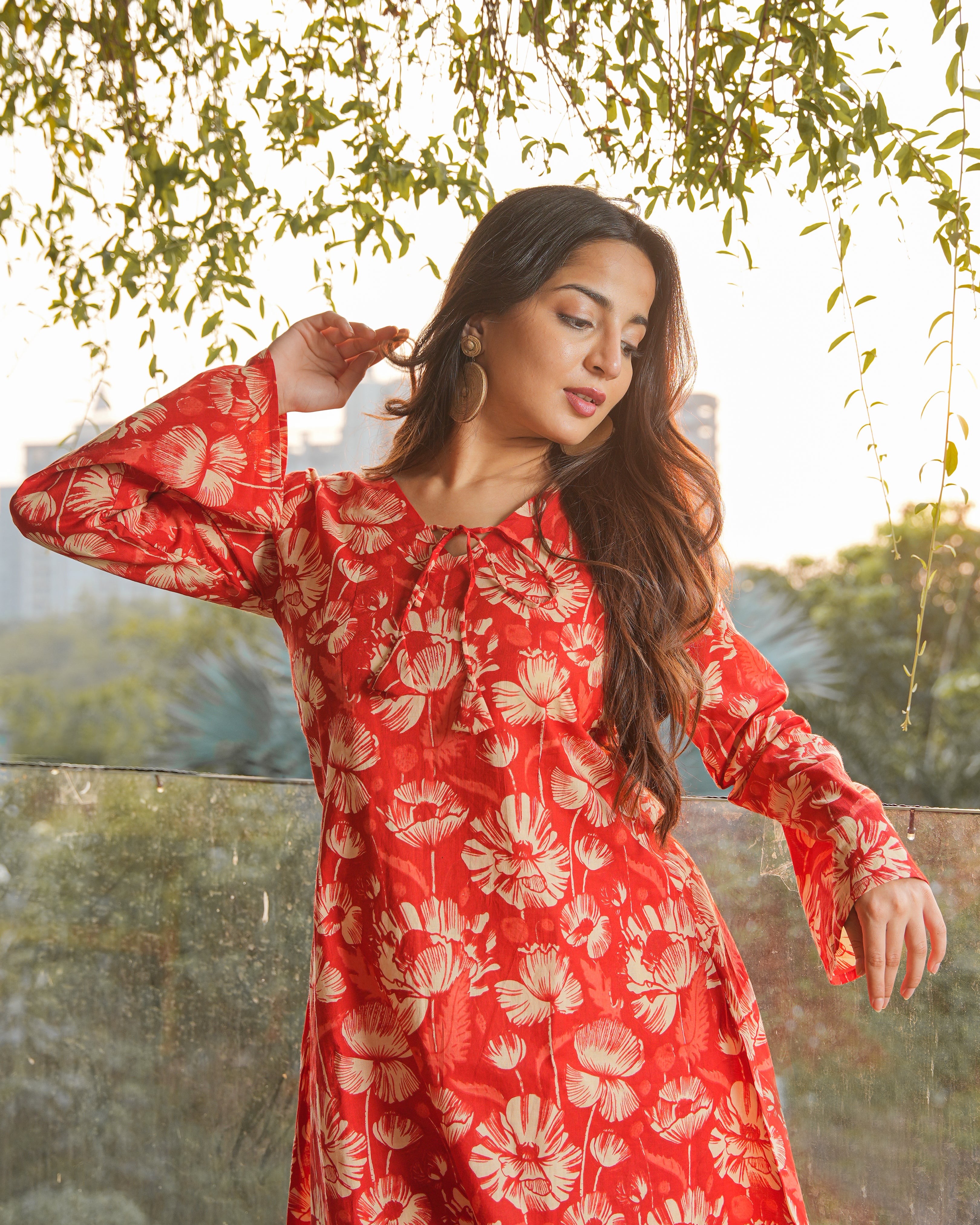 ANANYA - Red Floral Printed A-Line Kurti