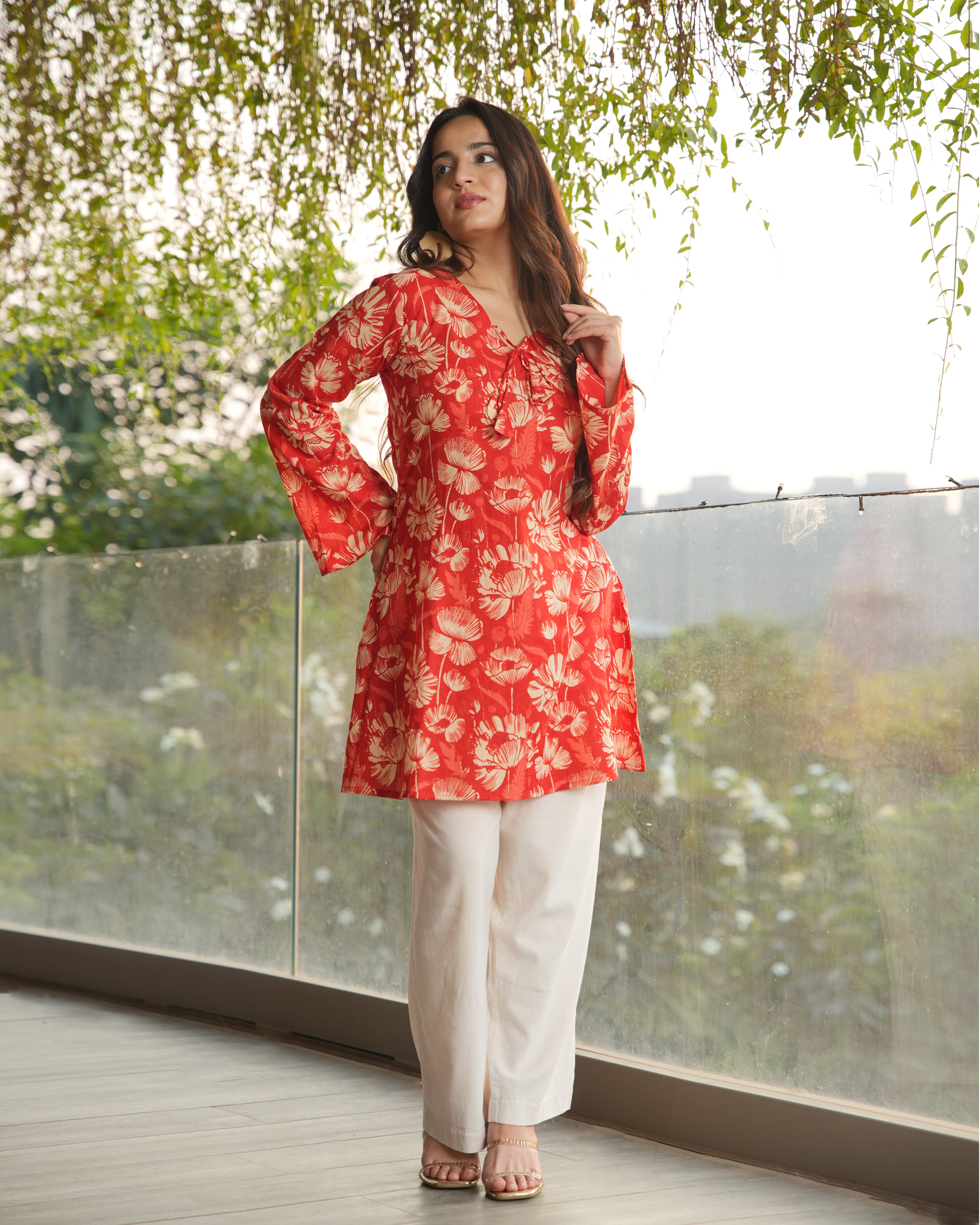 ANANYA - Red Floral Printed A-Line Kurti