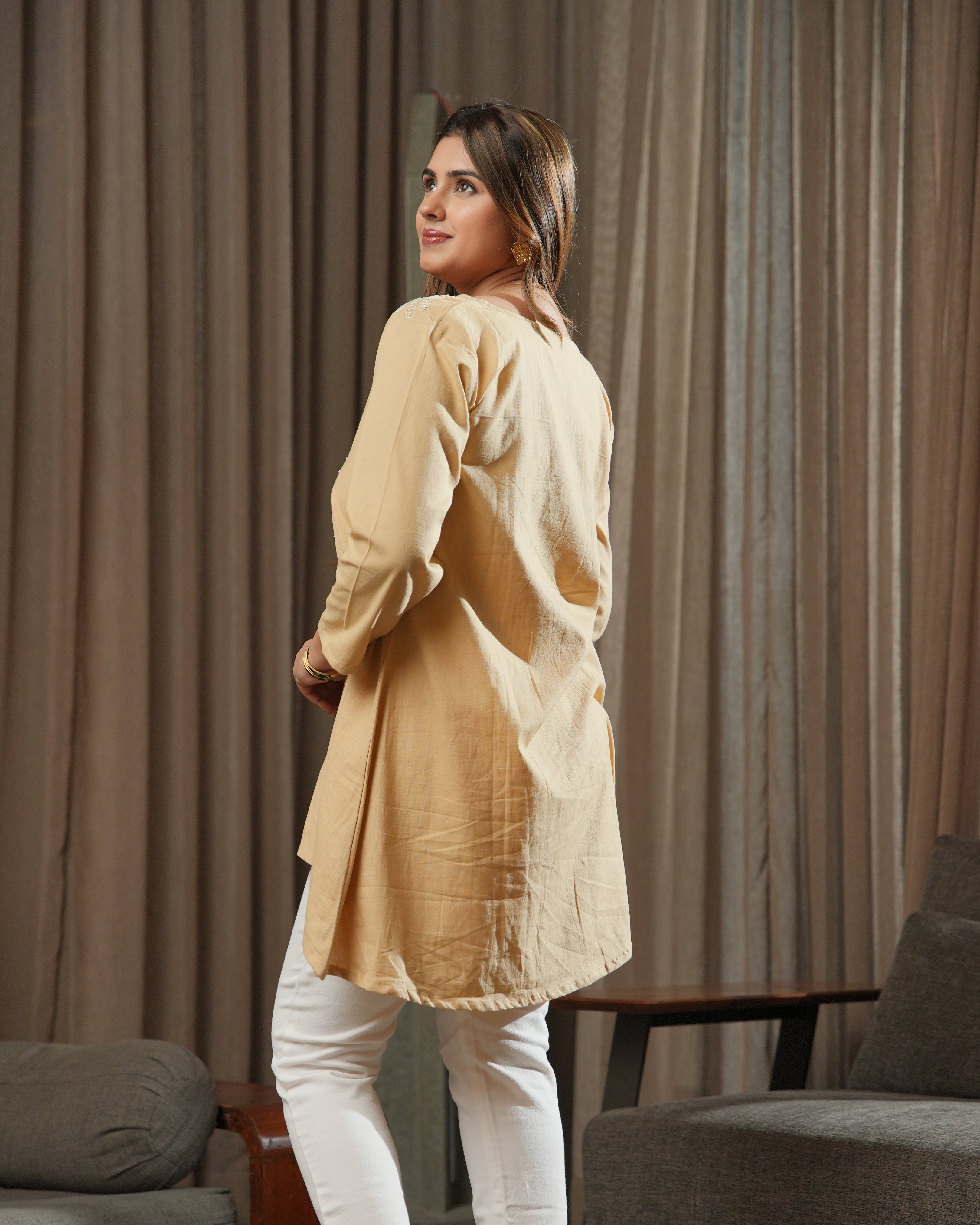 TARA - Beige Embroidered High-Low Cotton Kurti