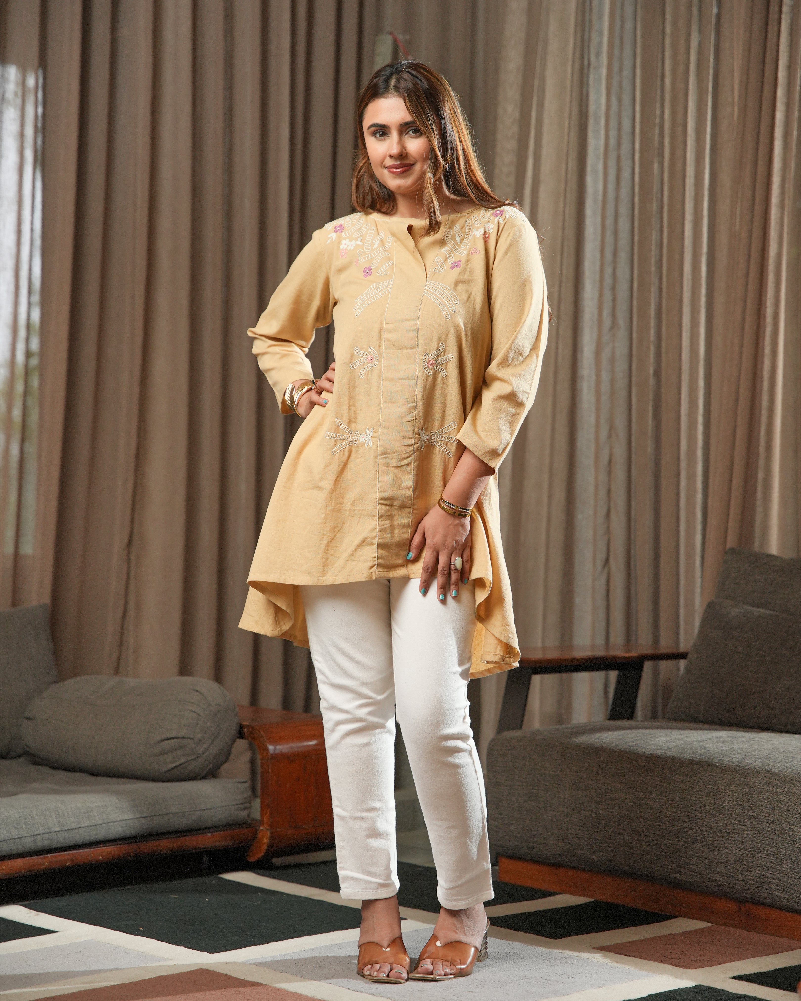 TARA - Beige Embroidered High-Low Cotton Kurti