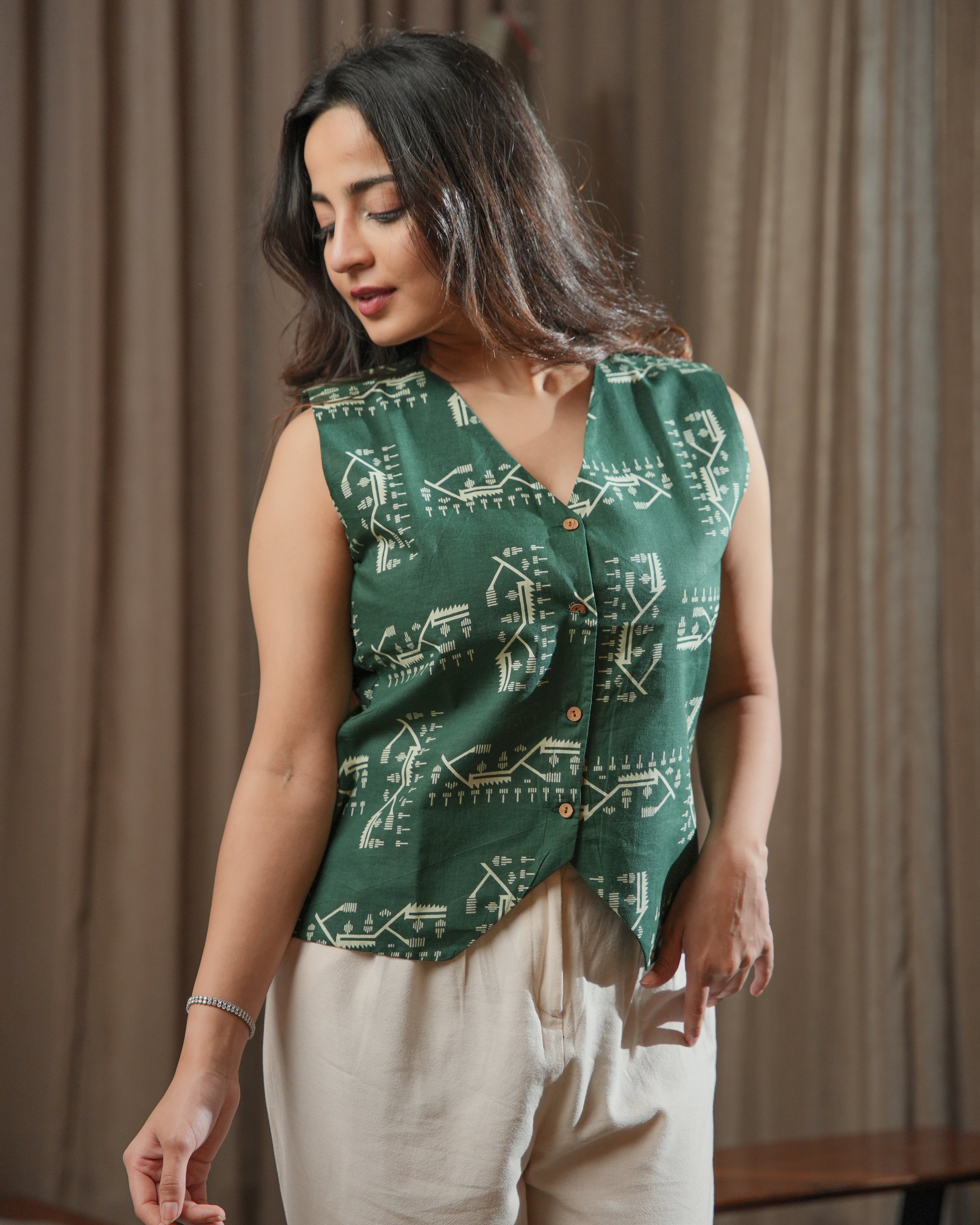 ELENA - Green Tribal Print Sleeveless Cotton Top