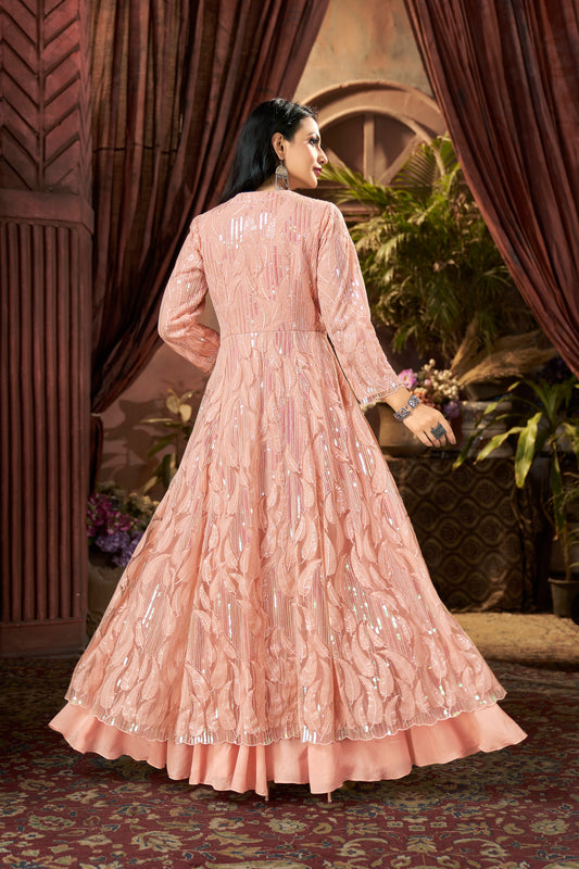 Zehra – Blush Peach Gown Set in Viscose Chinnon & Embroidered Net