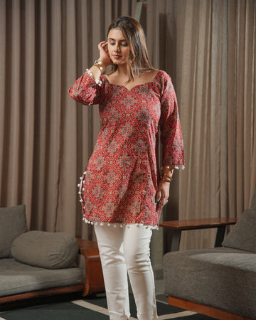 KIARA - Rust Red Printed Short Kurti