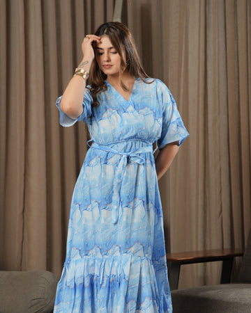 SIA - Sky Blue Marble Printed Flowy Midi Dress