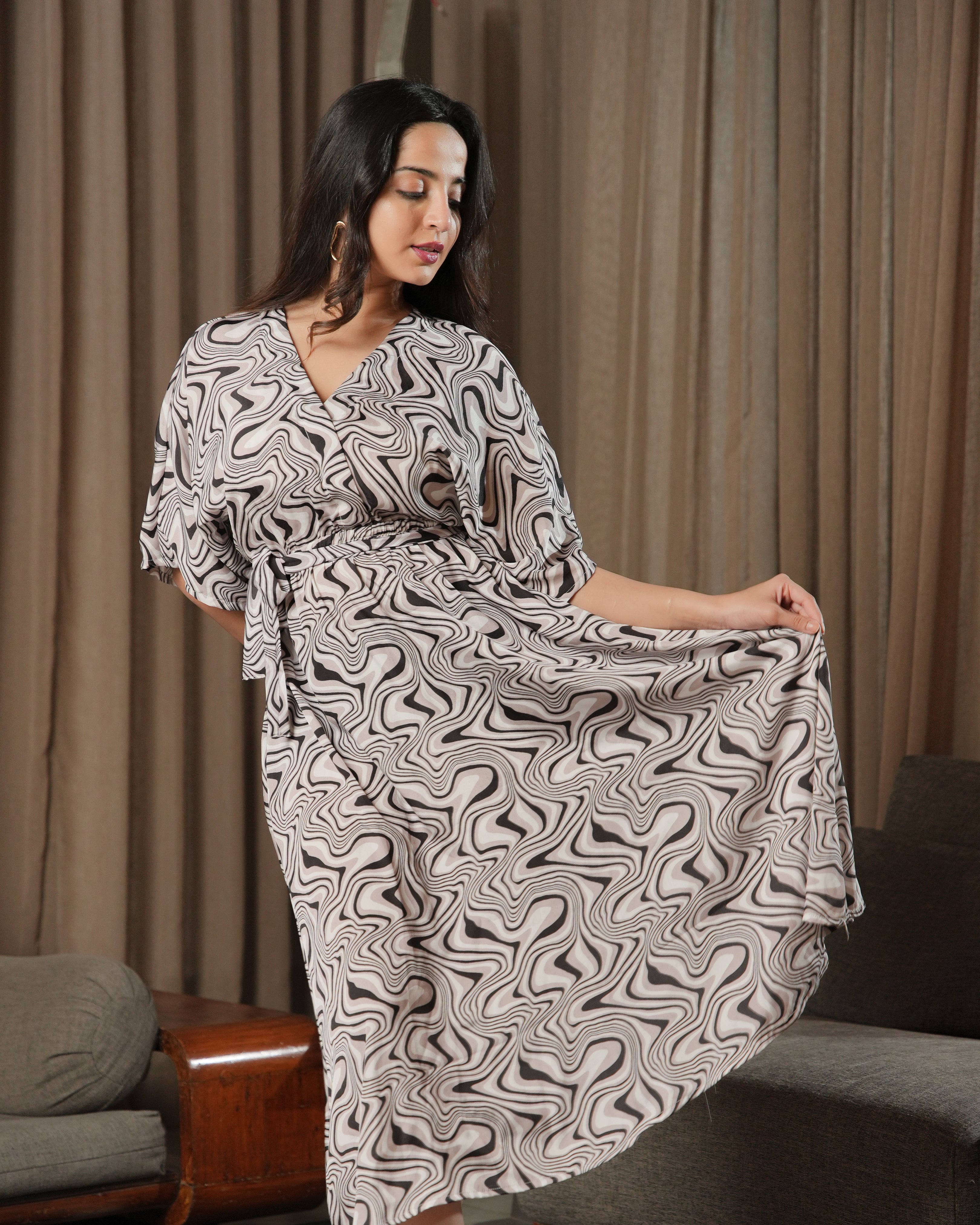 EMA - Black & Beige Swirl Printed Midi Dress