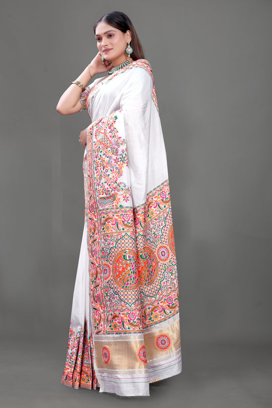 Shwet Saaj – White Silk Saree Adorned with Colourful Elephant Embroidery