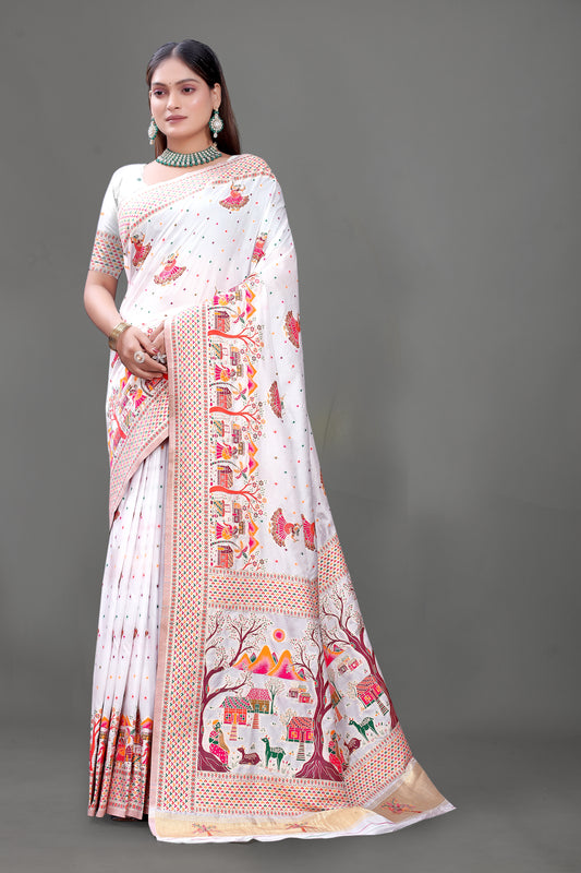 Pehnava Royal – Elephant Embroidered White Silk Saree for Festive Glam