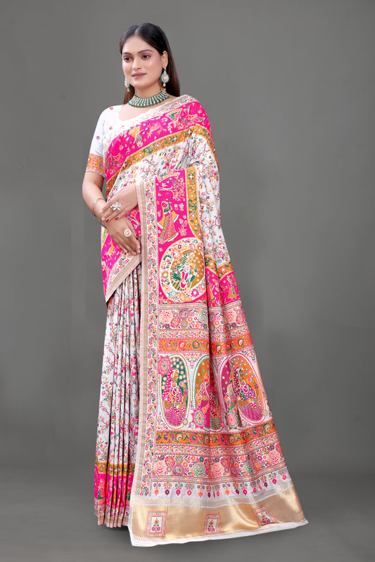 Rangilo Rajwadi – White Silk Saree with Rajasthani Elephant Artwork