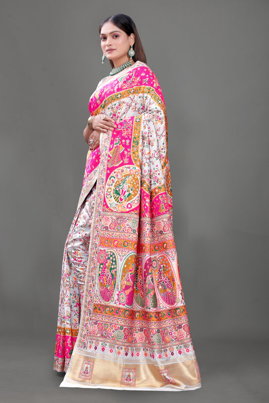 Rangilo Rajwadi – White Silk Saree with Rajasthani Elephant Artwork