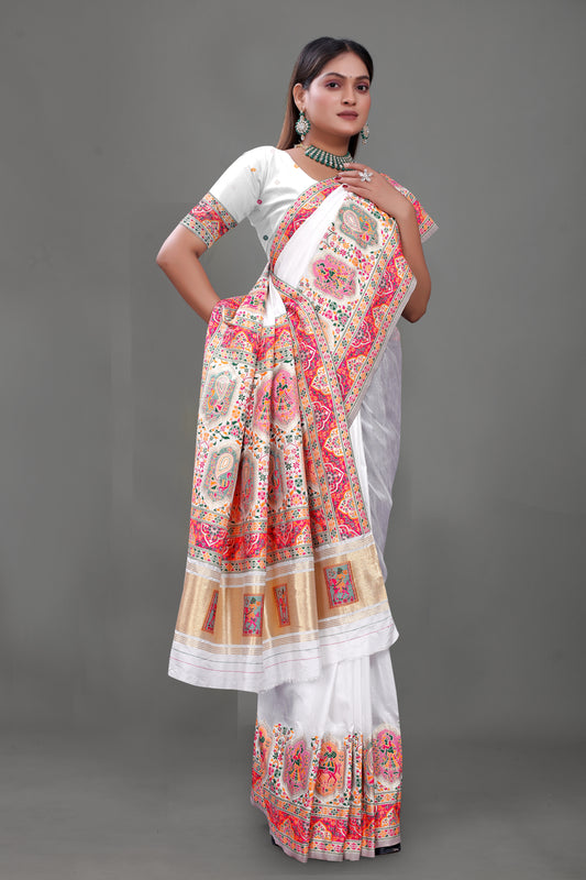 White Radiance – Ethnic Motif Silk Saree with Rich Gold & Red Pallu