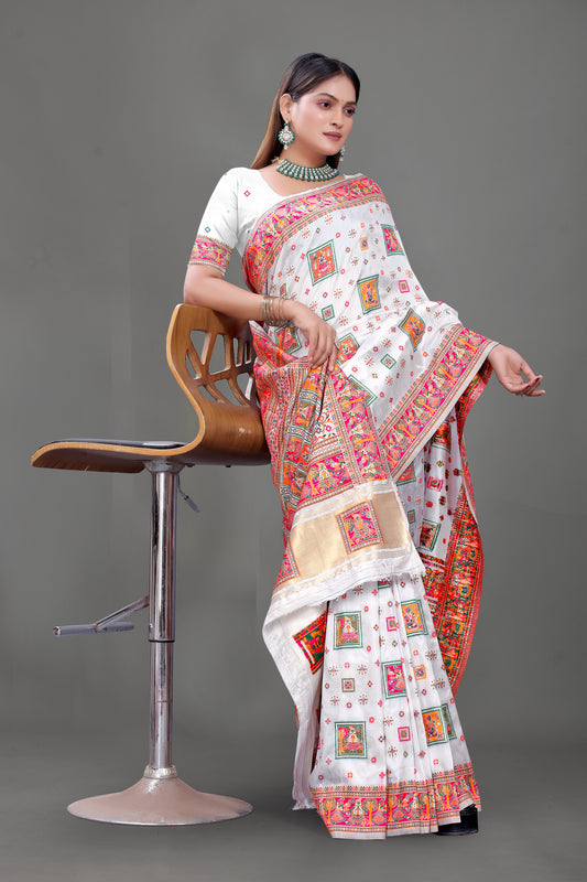 Silken Grace – White Saree with Royal Pink-Gold Elephant Border