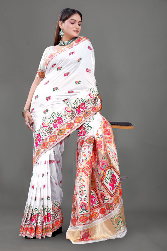 Heritage Bloom – Ivory Silk Saree with Vibrant Temple-Inspired Prints