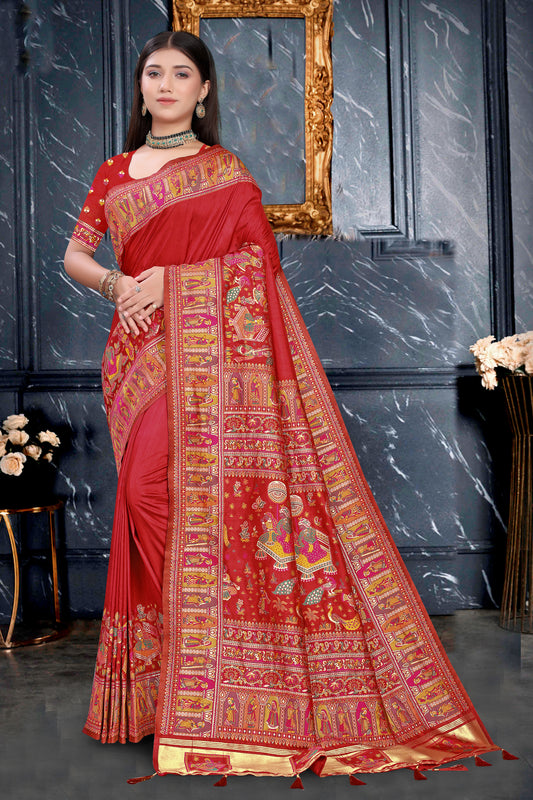 Raagmala – Silk Saree in Maroon with Folk & Floral Art