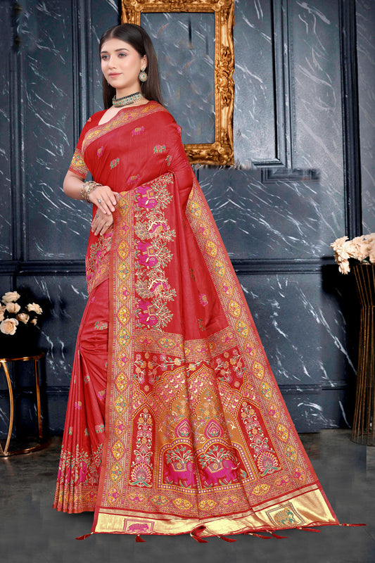 Vividh Kala – Maroon Saree with Multitone Printed Borders