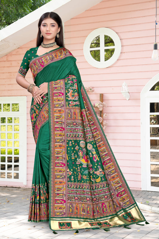Dark Green Glory – Silk Saree with Mosaic-Style Pallu and Intricate Buttas