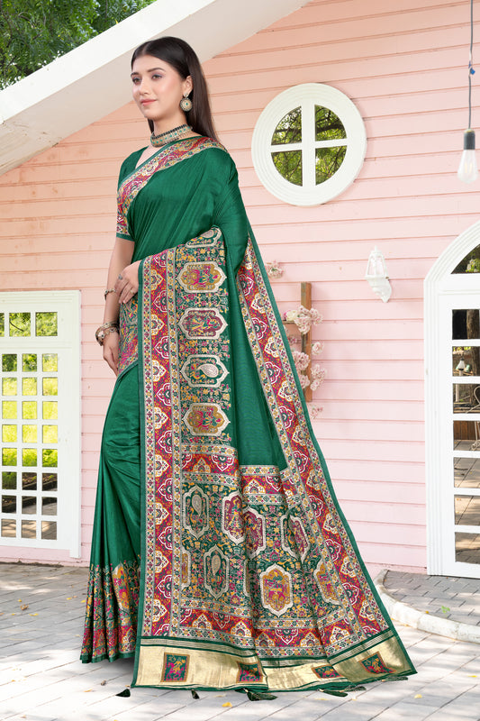 Ethnic Royalty – Dark Green Silk Saree with Rich Meenakari Look Prints