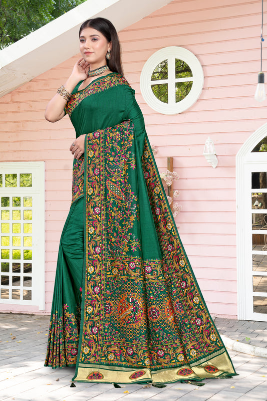 Aangan Elegance – Dark Green Silk Saree with Festive Border Art