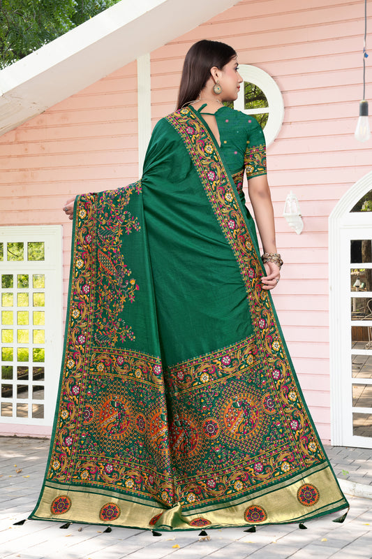 Aangan Elegance – Dark Green Silk Saree with Festive Border Art