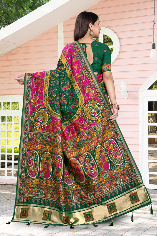 Silken Tradition – Dark Green Saree with Folk Art & Temple Border Design