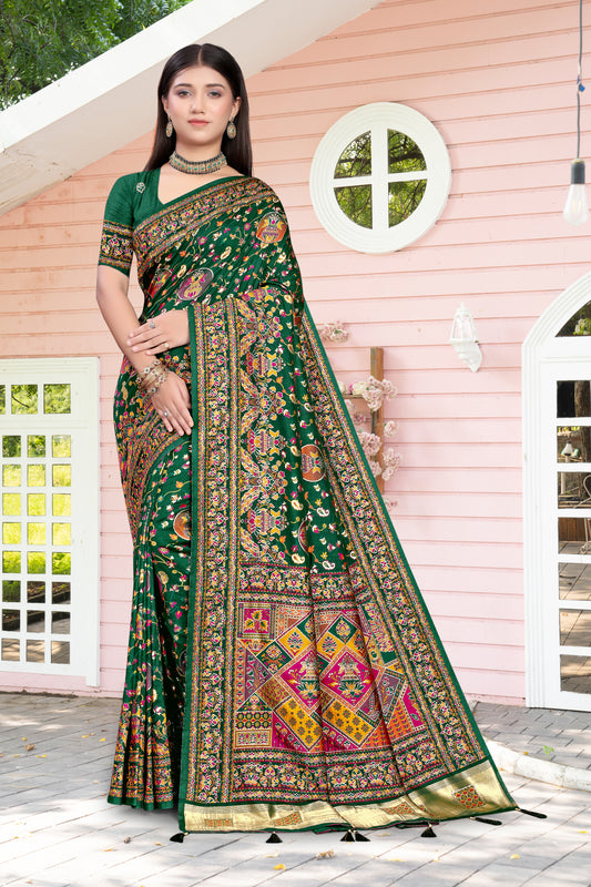 Royal Charm in Silk – Dark Green Saree with Patola-Style Grandeur