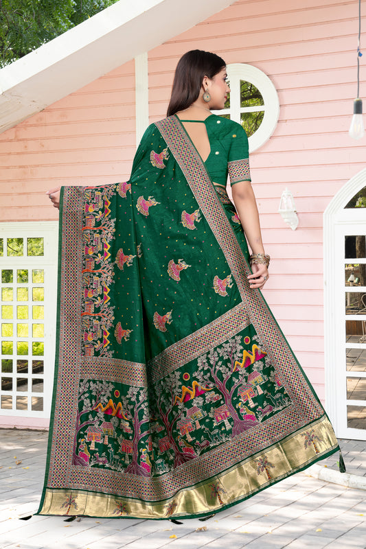 Rajwadi Roop – Dark Green Silk Saree with Bold Colorful Motif Work