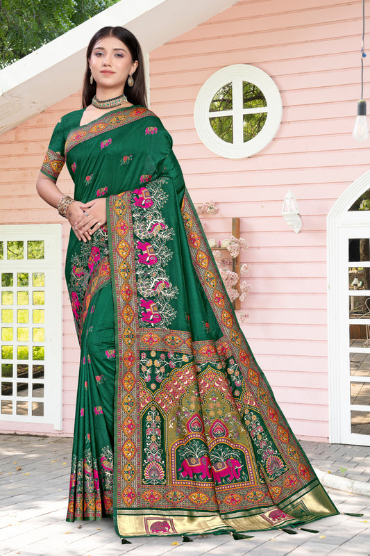 Patola Kalakaari – Dark Green Silk Saree in Festive Rajputana Style