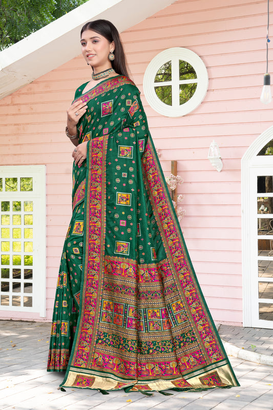Vivah Vows – Dark Green Banarasi-Inspired Silk Saree with Festive Detailing