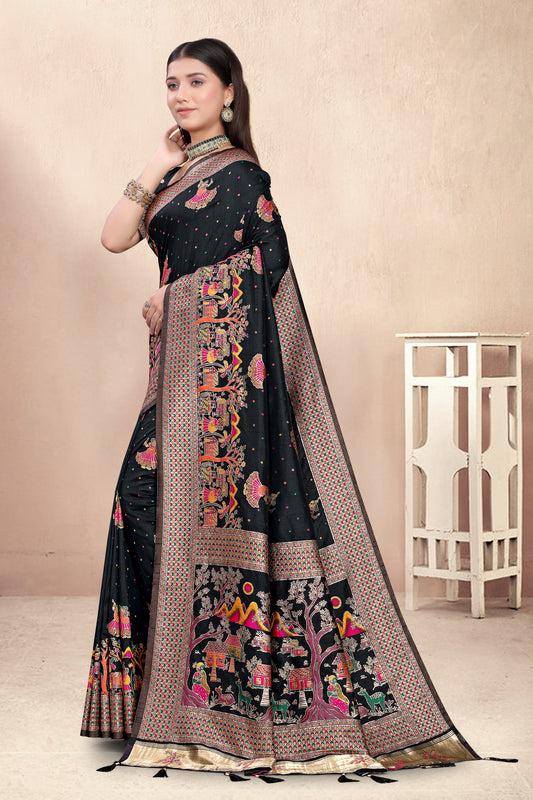 Shaahi Black – Banarasi Silk Saree with Folk-Inspired Grandeur