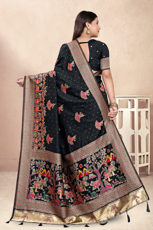Shaahi Black – Banarasi Silk Saree with Folk-Inspired Grandeur