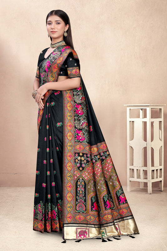 Noor-e-Kala – Black Silk Saree with Royal Patola Border & Zari Work