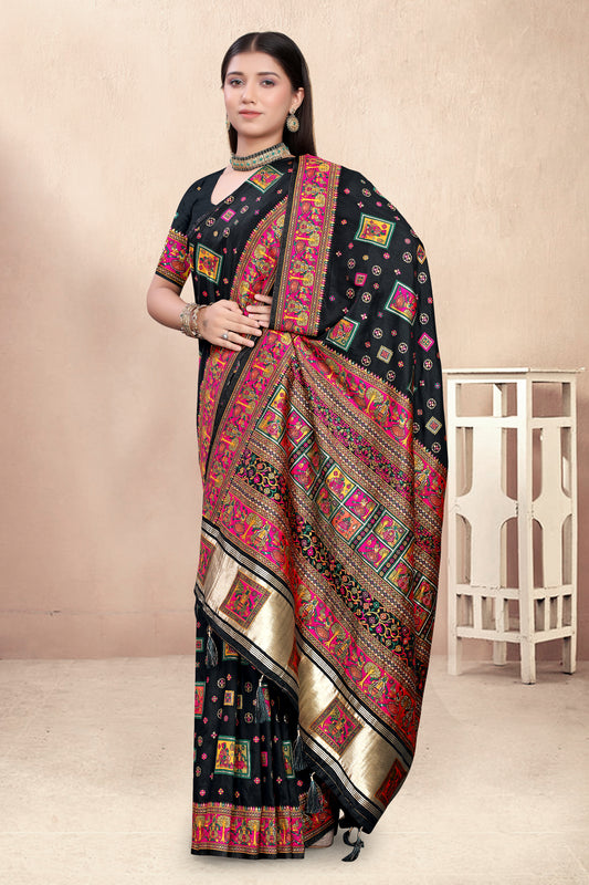 Patola Charm – Black Silk Saree with Colourful Folk Artwork Border