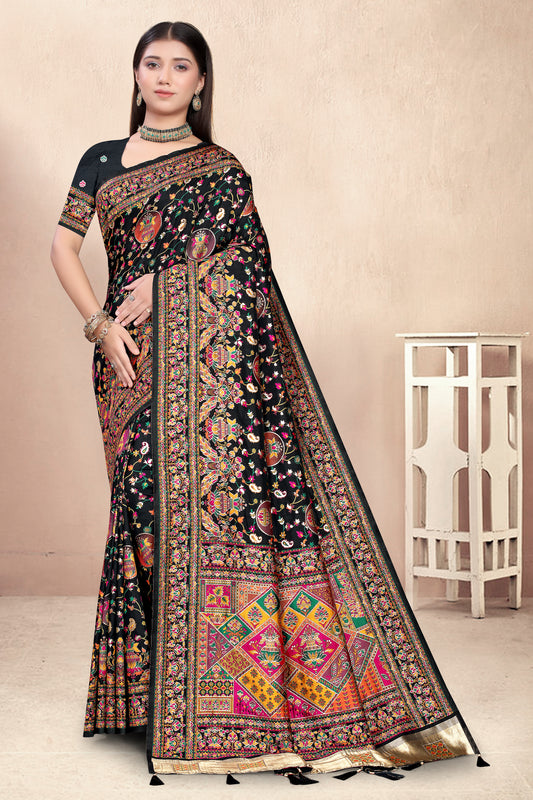 Midnight Muse – Black Silk Saree with Patola-Inspired Pallu