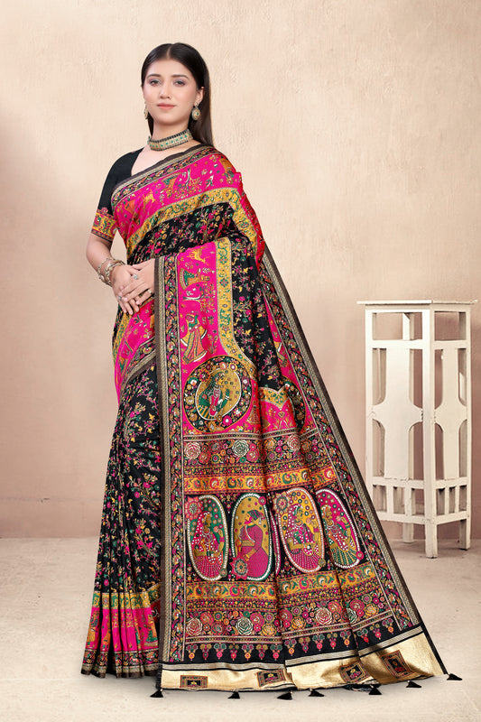 Rajwada Black – Banarasi Silk Saree with Multicolor Patola Panel