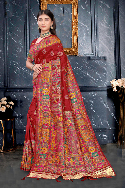 Sanskriti Silk – Maroon Drape with Vibrant Ethnic Prints