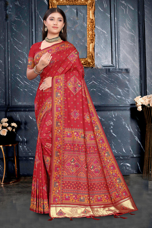 Gulbanaras – Maroon Silk Saree with Royal Block Print Detailing