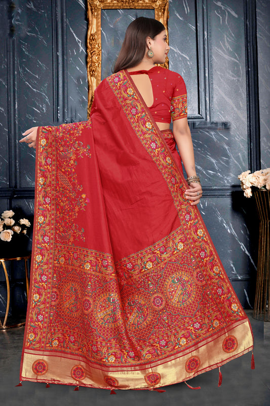 Rangdeep Maroon – Silk Saree with Heritage Paisley and Floral Borders