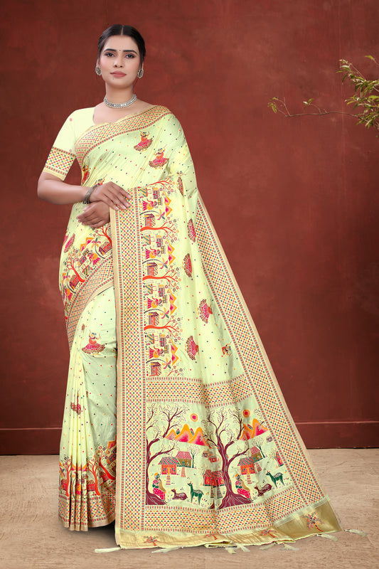 Satrangi Safar – Folk-Themed Cream Silk Saree with Story Pallu