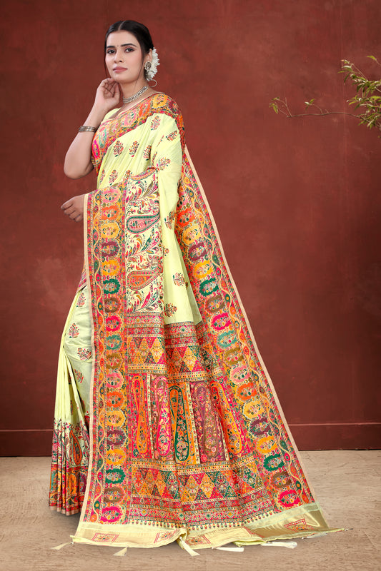 Royal Canvas – Cream Saree with Multicolour Rajasthani Prints
