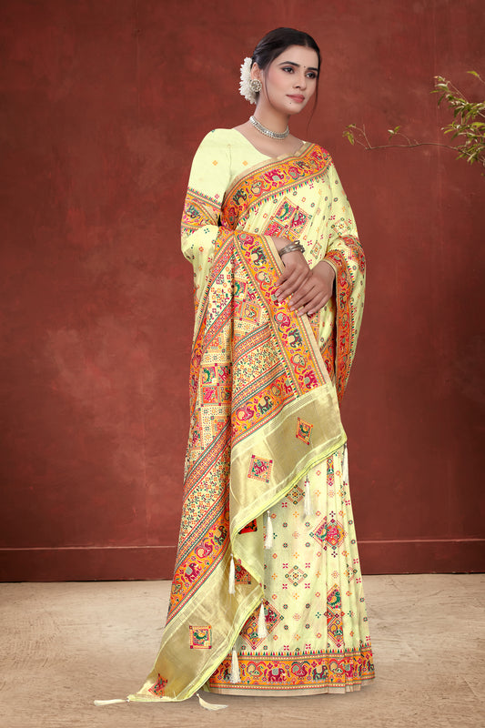 Rajputana Tales – Cream Pattu Saree with Cultural Scene Pallu